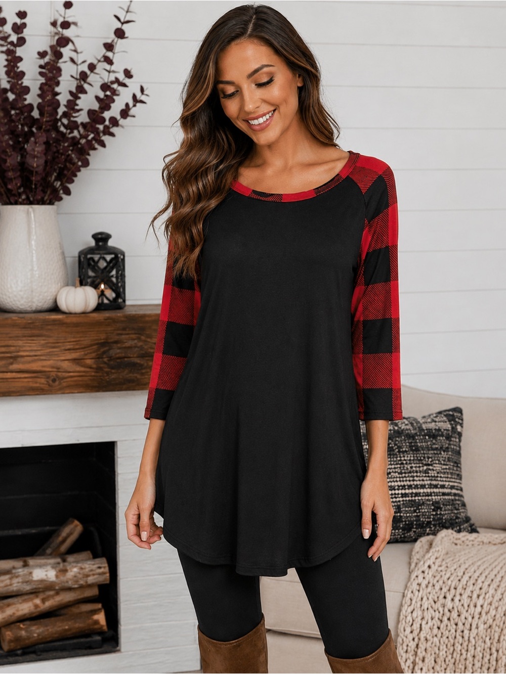 HEIMISH U.S.A. Buffalo Plaid Contrast Tunic Top Size Large NWOT A19